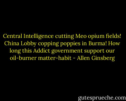 Central Intelligence cutting Meo opium fields! China Lobby copping poppies in Burma! How long this Addict government support our oil-burner matter-habit - Allen Ginsberg
