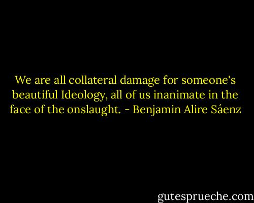We are all collateral damage for someone's beautiful<br />Ideology, all of us inanimate in the face of the onslaught. - Benjamin Alire Sáenz
