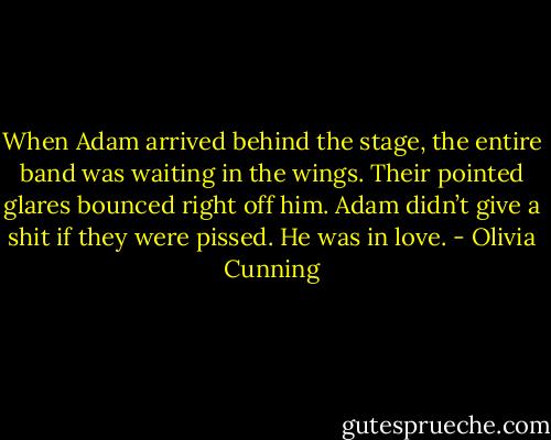 When Adam arrived behind the stage, the entire band was waiting in the wings. Their pointed glares bounced right off him. Adam didn’t give a shit if they were pissed. He was in love. - Olivia Cunning