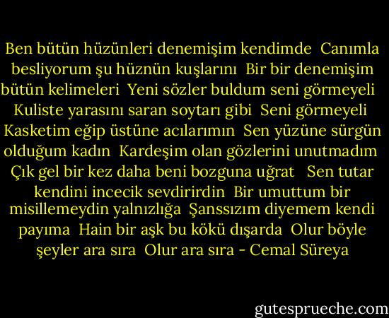 Ben bütün hüzünleri denemişim kendimde <br />Canımla besliyorum şu hüznün kuşlarını <br />Bir bir denemişim bütün kelimeleri <br />Yeni sözler buldum seni görmeyeli <br /><br />Kuliste yarasını saran soytarı gibi <br />Seni görmeyeli <br />Kasketim eğip üstüne acılarımın <br />Sen yüzüne sürgün olduğum kadın <br />Kardeşim olan gözlerini unutmadım <br />Çık gel bir kez daha beni bozguna uğrat <br /><br />Sen tutar kendini incecik sevdirirdin <br />Bir umuttum bir misillemeydin yalnızlığa <br />Şanssızım diyemem kendi payıma <br />Hain bir aşk bu kökü dışarda <br />Olur böyle şeyler ara sıra <br />Olur ara sıra - Cemal Süreya