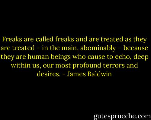 Freaks are called freaks and are treated as they are treated – in the main, abominably – because they are human beings who cause to echo, deep within us, our most profound terrors and desires. - James Baldwin