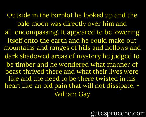 Outside in the barnlot he looked up and the pale moon was directly over him and all-encompassing. It appeared to be lowering itself onto the earth and he could make out mountains and ranges of hills and hollows and dark shadowed areas of mystery he judged to be timber and he wondered what manner of beast thrived there and what their lives were like and the need to be there twisted in his heart like an old pain that will not dissipate. - William Gay
