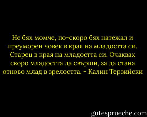 Не бях момче, по-скоро бях натежал и преуморен човек в края на младостта си. Старец в края на младостта си. Очаквах скоро младостта да свърши, за да стана отново млад в зрелостта. - Калин Терзийски