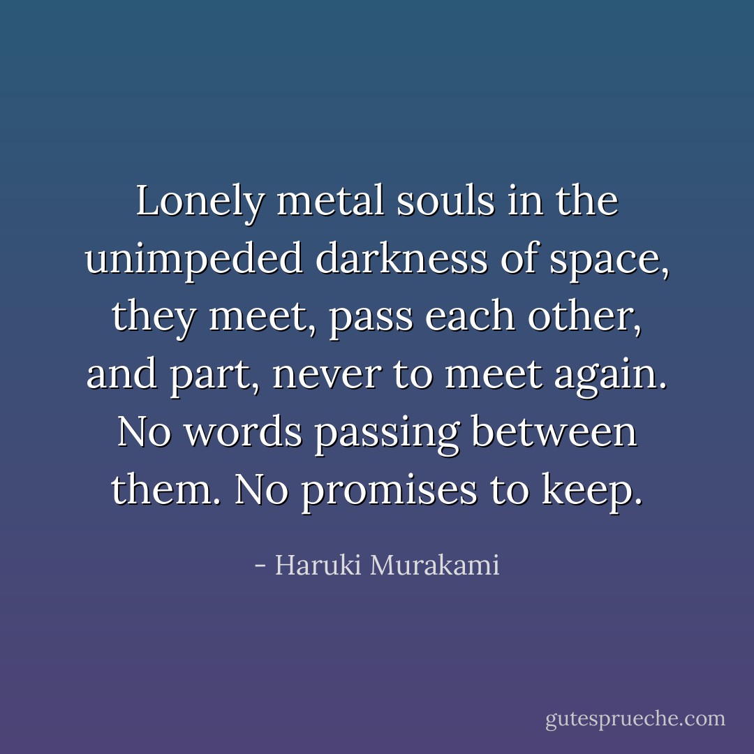 Lonely metal souls in the unimpeded darkness of space, they meet, pass each other, and part, never to meet again. No words passing between them. No promises to keep. - Haruki Murakami