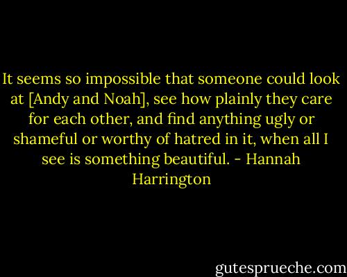 It seems so impossible that someone could look at [Andy and Noah], see how plainly they care for each other, and find anything ugly or shameful or worthy of hatred in it, when all I see is something beautiful. - Hannah Harrington