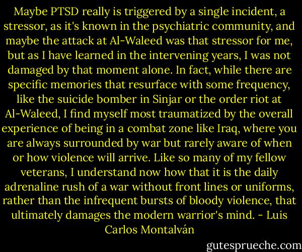 Maybe PTSD really is triggered by a single incident, a stressor, as it's known in the psychiatric community, and maybe the attack at Al-Waleed was that stressor for me, but as I have learned in the intervening years, I was not damaged by that moment alone. In fact, while there are specific memories that resurface with some frequency, like the suicide bomber in Sinjar or the order riot at Al-Waleed, I find myself most traumatized by the overall experience of being in a combat zone like Iraq, where you are always surrounded by war but rarely aware of when or how violence will arrive. Like so many of my fellow veterans, I understand now how that it is the daily adrenaline rush of a war without front lines or uniforms, rather than the infrequent bursts of bloody violence, that ultimately damages the modern warrior's mind. - Luis Carlos Montalván