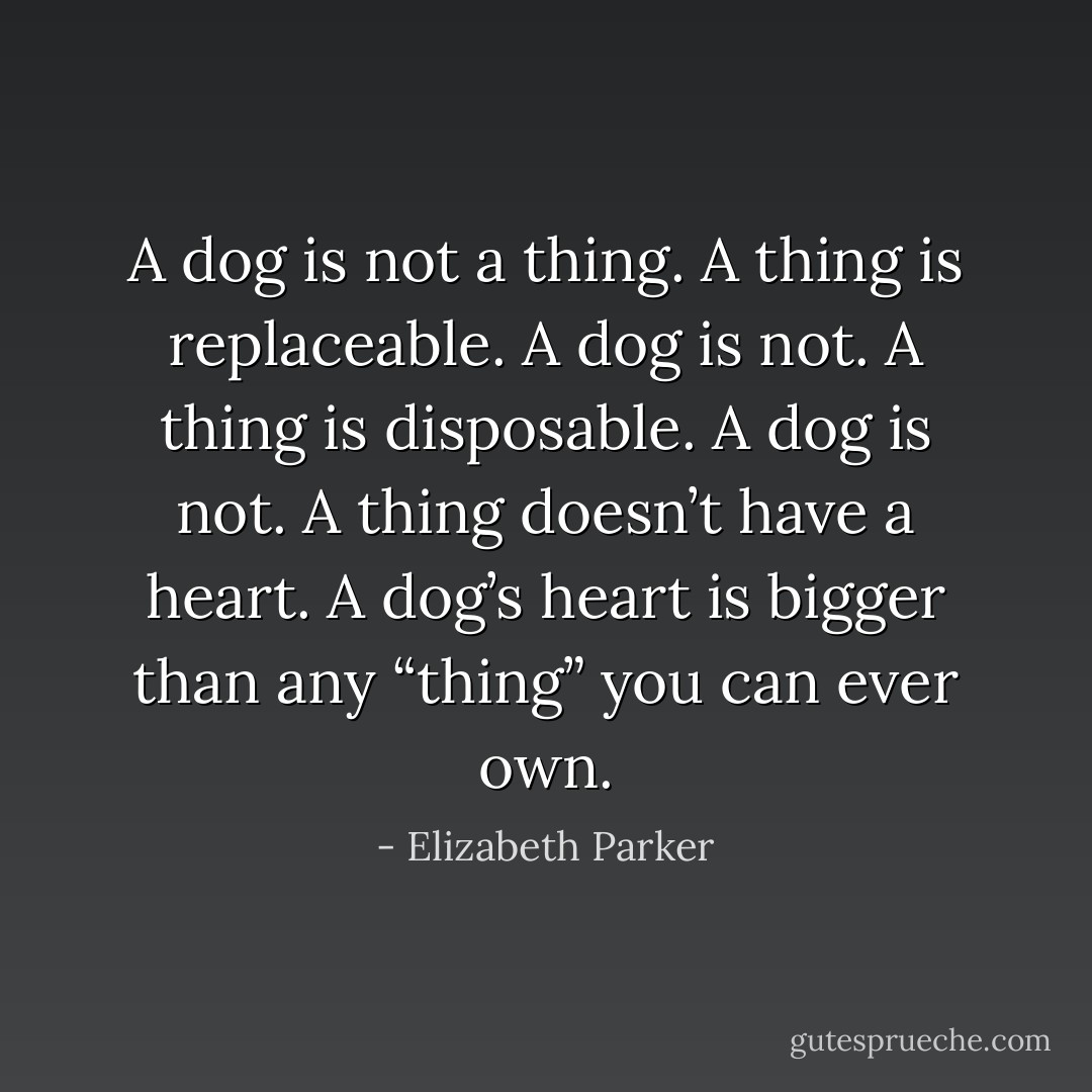 A dog is not a thing. A thing is replaceable. A dog is not. A thing is disposable. A dog is not. A thing doesn’t have a heart. A dog’s heart is bigger than any “thing” you can ever own. - Elizabeth Parker