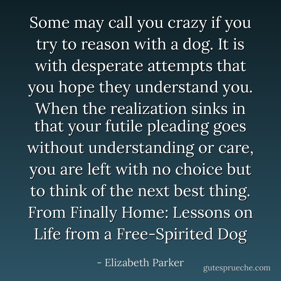 Some may call you crazy if you try to reason with a dog. It is with desperate attempts that you hope they understand you. When the realization sinks in that your futile pleading goes without understanding or care, you are left with no choice but to think of the next best thing. From Finally Home: Lessons on Life from a Free-Spirited Dog - Elizabeth Parker