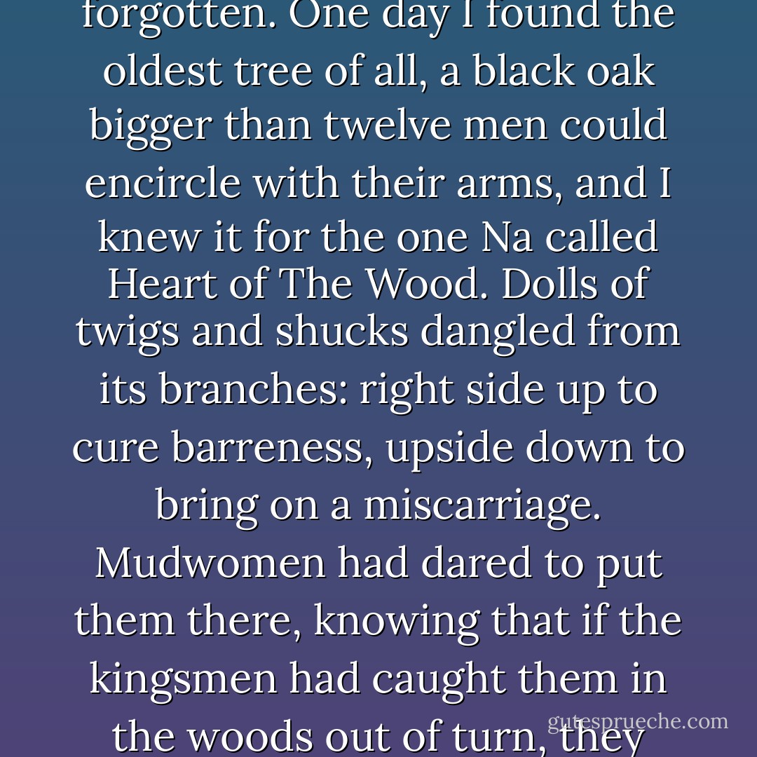 It's one thing to forbid the worship of a god, and another to command that it be forgotten. One day I found the oldest tree of all, a black oak bigger than twelve men could encircle with their arms, and I knew it for the one Na called Heart of The Wood. Dolls of twigs and shucks dangled from its branches: right side up to cure barreness, upside down to bring on a miscarriage. Mudwomen had dared to put them there, knowing that if the kingsmen had caught them in the woods out of turn, they might also hang from those branches. - Sarah Micklem