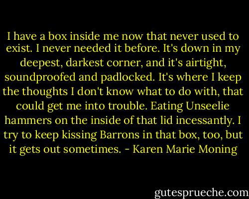 I have a box inside me now that never used to exist. I never needed it before. It's down in my deepest, darkest corner, and it's airtight, soundproofed and padlocked. It's where I keep the thoughts I don't know what to do with, that could get me into trouble. Eating Unseelie hammers on the inside of that lid incessantly. I try to keep kissing Barrons in that box, too, but it gets out sometimes. - Karen Marie Moning