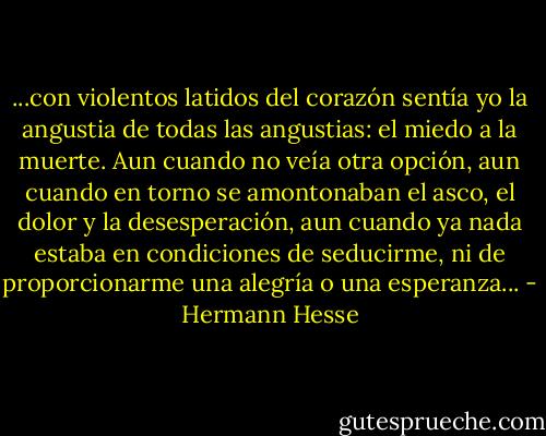 ...con violentos latidos del corazón sentía yo la angustia de todas las angustias: el miedo a la muerte. Aun cuando no veía otra opción, aun cuando en torno se amontonaban el asco, el dolor y la desesperación, aun cuando ya nada estaba en condiciones de seducirme, ni de proporcionarme una alegría o una esperanza... - Hermann Hesse
