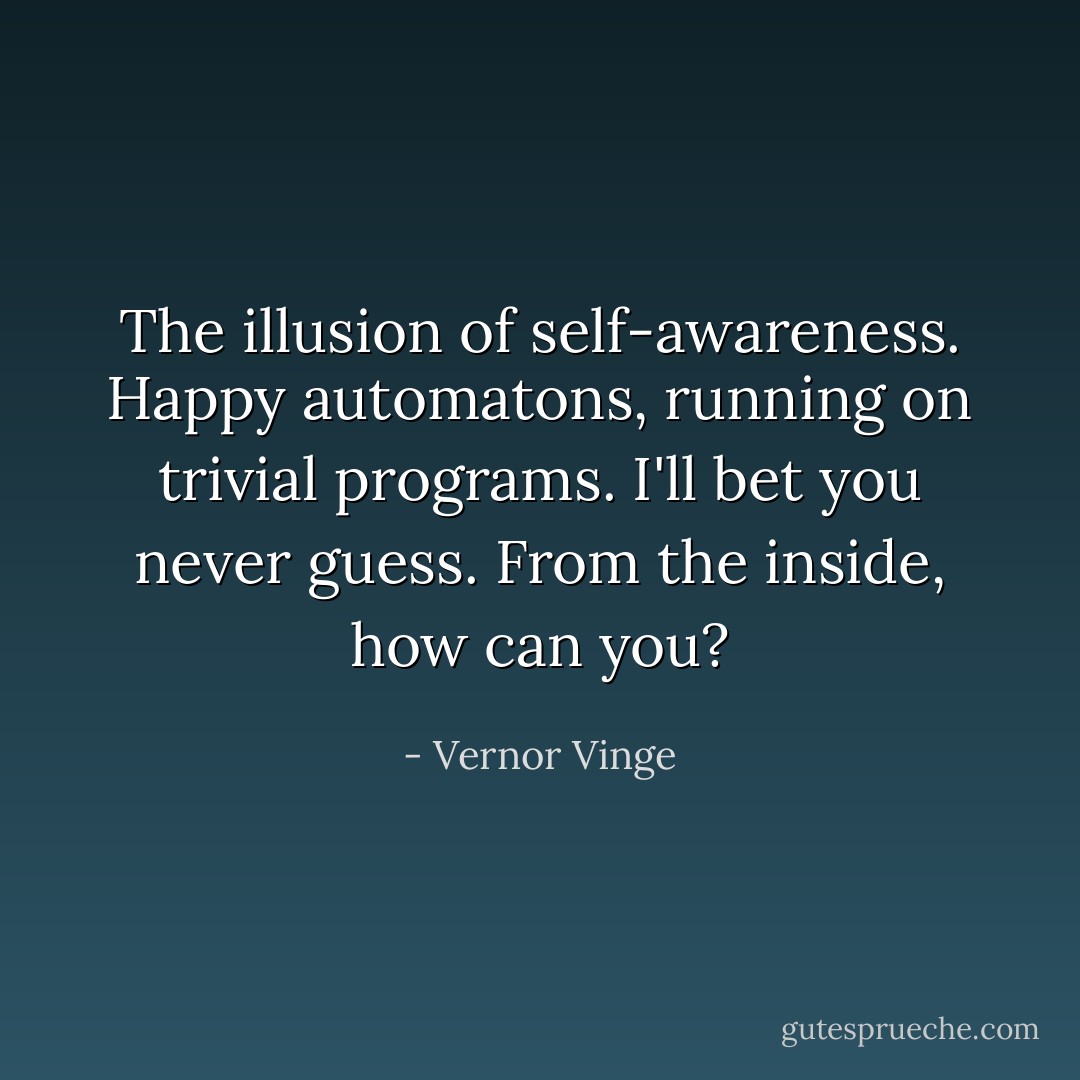 The illusion of self-awareness. Happy automatons, running on trivial programs. I'll bet you never guess. From the inside, how can you? - Vernor Vinge