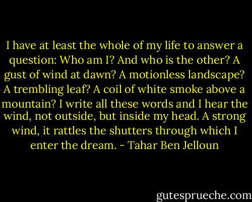 I have at least the whole of my life to answer a question: Who am I? And who is the other? A gust of wind at dawn? A motionless landscape? A trembling leaf? A coil of white smoke above a mountain? I write all these words and I hear the wind, not outside, but inside my head. A strong wind, it rattles the shutters through which I enter the dream. - Tahar Ben Jelloun