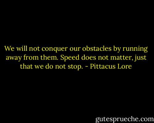 We will not conquer our obstacles by running away from them. Speed does not matter, just that we do not stop. - Pittacus Lore