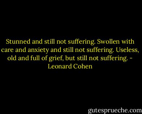 Stunned and still not suffering. Swollen with care and anxiety and still not suffering. Useless, old and full of grief, but still not suffering. - Leonard Cohen