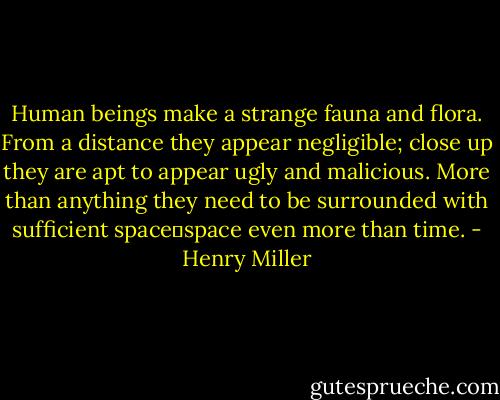 Human beings make a strange fauna and flora. From a distance they appear negligible; close up they are apt to appear ugly and malicious. More than anything they need to be surrounded with sufficient space―space even more than time. - Henry Miller