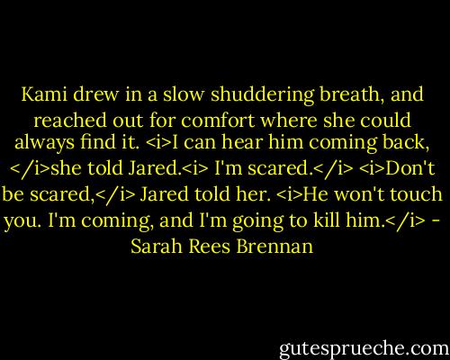 Kami drew in a slow shuddering breath, and reached out for comfort where she could always find it. <i>I can hear him coming back, </i>she told Jared.<i> I'm scared.</i><br /><i>Don't be scared,</i> Jared told her. <i>He won't touch you. I'm coming, and I'm going to kill him.</i> - Sarah Rees Brennan