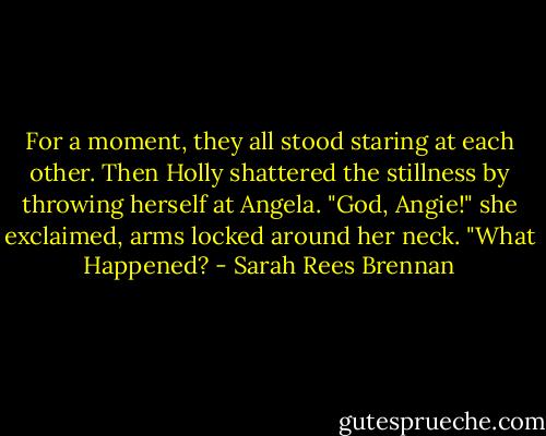 For a moment, they all stood staring at each other. Then Holly shattered the stillness by throwing herself at Angela. "God, Angie!" she exclaimed, arms locked around her neck. "What Happened? - Sarah Rees Brennan