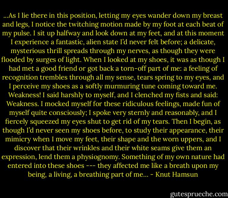 ...As I lie there in this position, letting my eyes wander down my breast and legs, I notice the twitching motion made by my foot at each beat of my pulse. I sit up halfway and look down at my feet, and at this moment I experience a fantastic, alien state I’d never felt before; a delicate, mysterious thrill spreads through my nerves, as though they were flooded by surges of light. When I looked at my shoes, it was as though I had met a good friend or got back a torn-off part of me: a feeling of recognition trembles through all my sense, tears spring to my eyes, and I perceive my shoes as a softly murmuring tune coming toward me. Weakness! I said harshly to myself, and I clenched my fists and said: Weakness. I mocked myself for these ridiculous feelings, made fun of myself quite consciously; I spoke very sternly and reasonably, and I fiercely squeezed my eyes shut to get rid of my tears. Then I begin, as though I’d never seen my shoes before, to study their appearance, their mimicry when I move my feet, their shape and the worn uppers, and I discover that their wrinkles and their white seams give them an expression, lend them a physiognomy. Something of my own nature had entered into these shoes --- they affected me like a breath upon my being, a living, a breathing part of me… - Knut Hamsun