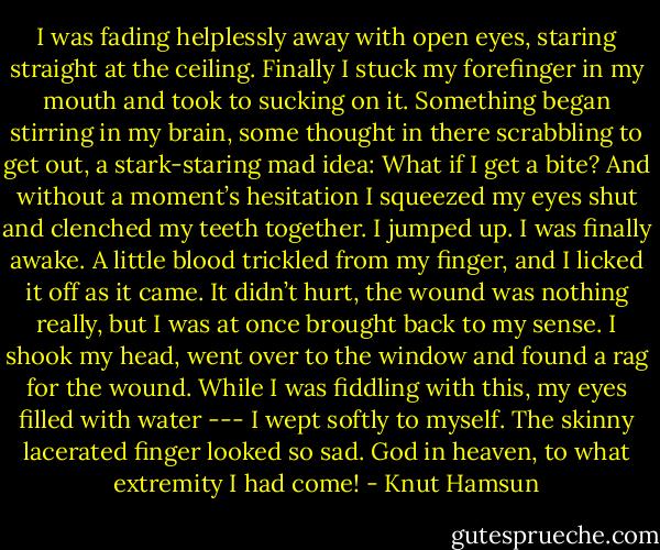 I was fading helplessly away with open eyes, staring straight at the ceiling. Finally I stuck my forefinger in my mouth and took to sucking on it. Something began stirring in my brain, some thought in there scrabbling to get out, a stark-staring mad idea: What if I get a bite? And without a moment’s hesitation I squeezed my eyes shut and clenched my teeth together.<br />I jumped up. I was finally awake. A little blood trickled from my finger, and I licked it off as it came. It didn’t hurt, the wound was nothing really, but I was at once brought back to my sense. I shook my head, went over to the window and found a rag for the wound. While I was fiddling with this, my eyes filled with water --- I wept softly to myself. The skinny lacerated finger looked so sad. God in heaven, to what extremity I had come! - Knut Hamsun