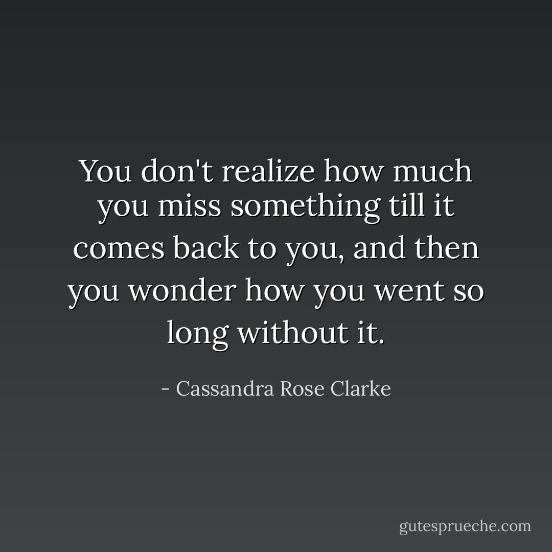 You don't realize how much you miss something till it comes back to you, and then you wonder how you went so long without it. - Cassandra Rose Clarke