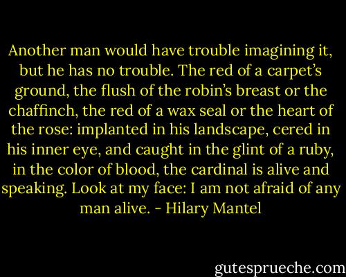 Another man would have trouble imagining it, but he has no trouble. The red of a carpet’s ground, the flush of the robin’s breast or the chaffinch, the red of a wax seal or the heart of the rose: implanted in his landscape, cered in his inner eye, and caught in the glint of a ruby, in the color of blood, the cardinal is alive and speaking. Look at my face: I am not afraid of any man alive. - Hilary Mantel