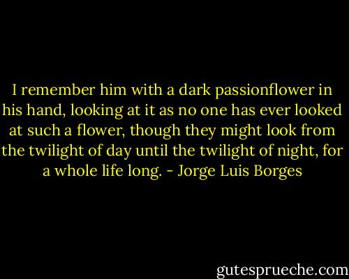 I remember him with a dark passionflower in his hand, looking at it as no one has ever looked at such a flower, though they might look from the twilight of day until the twilight of night, for a whole life long. - Jorge Luis Borges