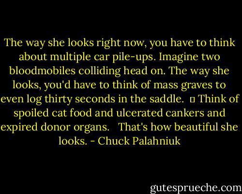 The way she looks right now, you have to think about multiple car pile-ups. Imagine two bloodmobiles colliding head on. The way she looks, you'd have to think of mass graves to even log thirty seconds in the saddle. <br />	<br />Think of spoiled cat food and ulcerated cankers and expired donor organs. <br /><br />That's how beautiful she looks. - Chuck Palahniuk