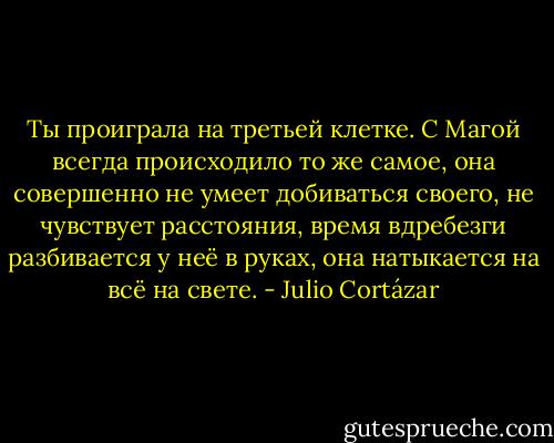 Ты проиграла на третьей клетке. С Магой всегда происходило то же самое, она совершенно не умеет добиваться своего, не чувствует расстояния, время вдребезги разбивается у неё в руках, она натыкается на всё на свете. - Julio Cortázar