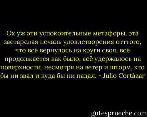 Ох уж эти успокоительные метафоры, эта застарелая печаль удовлетворения отттого, что всё вернулось на круги своя, всё продолжается как было, всё удержалось на поверхности, несмотря на ветер и шторм, кто бы ни звал и куда бы ни падал. - Julio Cortázar