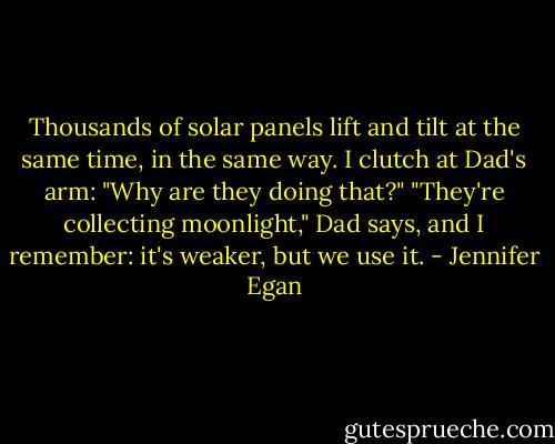 Thousands of solar panels lift and tilt at the same time, in the same way. I clutch at Dad's arm: "Why are they doing that?" "They're collecting moonlight," Dad says, and I remember: it's weaker, but we use it. - Jennifer Egan