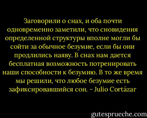 Заговорили о снах, и оба почти одновременно заметили, что сновидения определенной структуры вполне могли бы сойти за обычное безумие, если бы они продлились наяву. В снах нам дается бесплатная возможность потренировать наши способности к безумию. В то же время мы решили, что любое безумие есть зафиксировавшийся сон. - Julio Cortázar