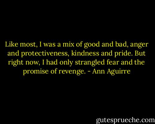 Like most, I was a mix of good and bad, anger and protectiveness, kindness and pride. But right now, I had only strangled fear and the promise of revenge. - Ann Aguirre