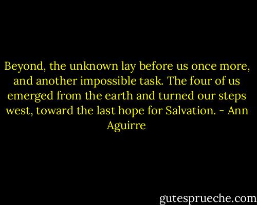 Beyond, the unknown lay before us once more, and another impossible task. The four of us emerged from the earth and turned our steps west, toward the last hope for Salvation. - Ann Aguirre
