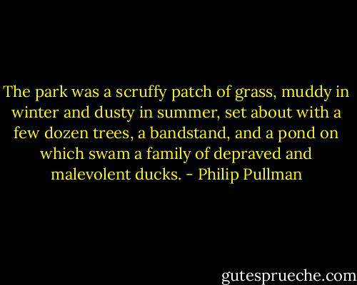 The park was a scruffy patch of grass, muddy in winter and dusty in summer, set about with a few dozen trees, a bandstand, and a pond on which swam a family of depraved and malevolent ducks. - Philip Pullman