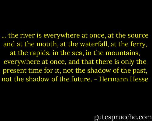 ... the river is everywhere at once, at the source and at the mouth, at the waterfall, at the ferry, at the rapids, in the sea, in the mountains, everywhere at once, and that there is only the present time for it, not the shadow of the past, not the shadow of the future. - Hermann Hesse