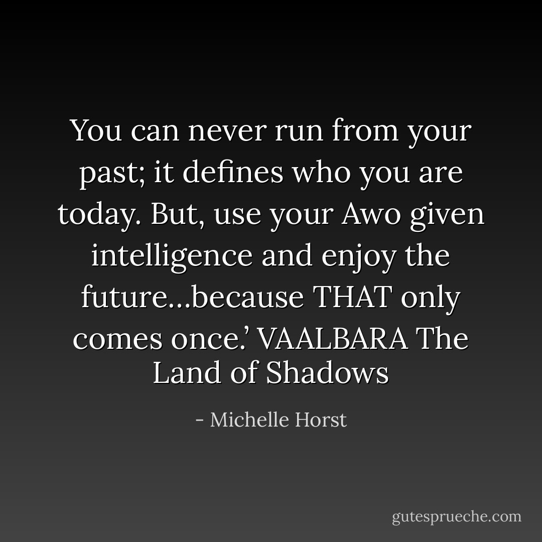 You can never run from your past; it defines who you are today. But, use your Awo given intelligence and enjoy the future…because THAT only comes once.’ VAALBARA The Land of Shadows - Michelle Horst