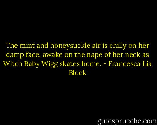 The mint and honeysuckle air is chilly on her damp face, awake on the nape of her neck as Witch Baby Wigg skates home. - Francesca Lia Block