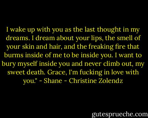 I wake up with you as the last thought in my dreams. I dream about your lips, the smell of your skin and hair, and the freaking fire that burms inside of me to be inside you. I want to bury myself inside you and never climb out, my sweet death. Grace, I'm fucking in love with you." - Shane - Christine Zolendz