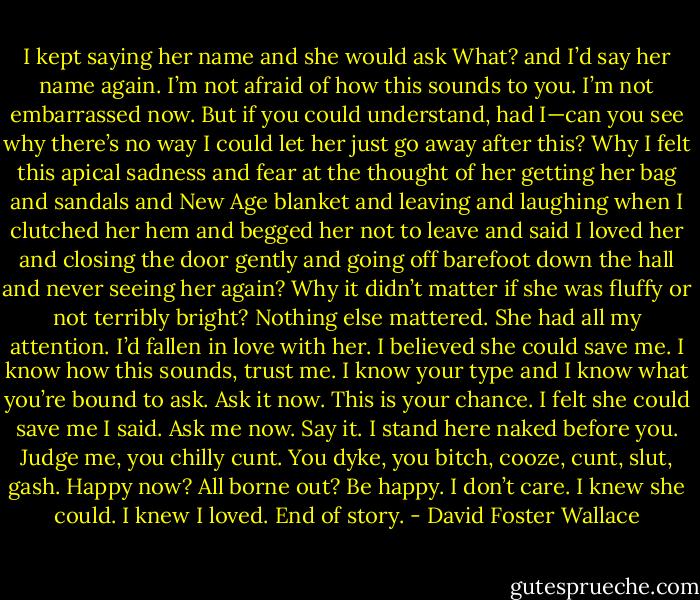 I kept saying her name and she would ask What? and I’d say her name again. I’m not afraid of how this sounds to you. I’m not embarrassed now. But if you could understand, had I—can you see why there’s no way I could let her just go away after this? Why I felt this apical sadness and fear at the thought of her getting her bag and sandals and New Age blanket and leaving and laughing when I clutched her hem and begged her not to leave and said I loved her and closing the door gently and going off barefoot down the hall and never seeing her again? Why it didn’t matter if she was fluffy or not terribly bright? Nothing else mattered. She had all my attention. I’d fallen in love with her. I believed she could save me. I know how this sounds, trust me. I know your type and I know what you’re bound to ask. Ask it now. This is your chance. I felt she could save me I said. Ask me now. Say it. I stand here naked before you. Judge me, you chilly cunt. You dyke, you bitch, cooze, cunt, slut, gash. Happy now? All borne out? Be happy. I don’t care. I knew she could. I knew I loved. End of story. - David Foster Wallace