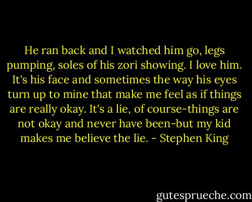 He ran back and I watched him go, legs pumping, soles of his zori showing. I love him.<br />It's his face and sometimes the way his eyes turn up to mine that make me feel as if<br />things are really okay. It's a lie, of course-things are not okay and never have been-but<br />my kid makes me believe the lie. - Stephen King