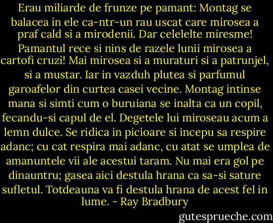 Erau miliarde de frunze pe pamant: Montag se balacea in ele ca-ntr-un rau uscat care mirosea a praf cald si a mirodenii. Dar celelelte miresme! Pamantul rece si nins de razele lunii mirosea a cartofi cruzi! Mai mirosea si a muraturi si a patrunjel, si a mustar. Iar in vazduh plutea si parfumul garoafelor din curtea casei vecine. Montag intinse mana si simti cum o buruiana se inalta ca un copil, fecandu-si capul de el. Degetele lui miroseau acum a lemn dulce.<br />Se ridica in picioare si incepu sa respire adanc; cu cat respira mai adanc, cu atat se umplea de amanuntele vii ale acestui taram. Nu mai era gol pe dinauntru; gasea aici destula hrana ca sa-si sature sufletul. Totdeauna va fi destula hrana de acest fel in lume. - Ray Bradbury