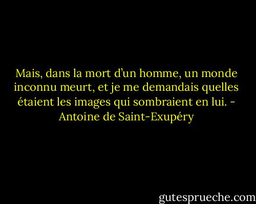 Mais, dans la mort d’un homme, un monde inconnu meurt, et je me demandais quelles étaient les images qui sombraient en lui. - Antoine de Saint-Exupéry