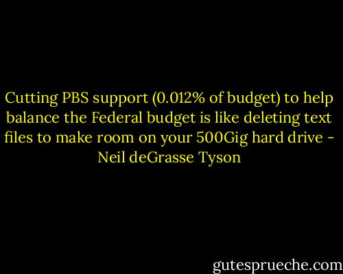 Cutting PBS support (0.012% of budget) to help balance the Federal budget is like deleting text files to make room on your 500Gig hard drive - Neil deGrasse Tyson