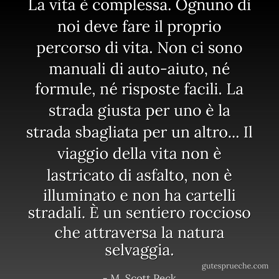 La vita è complessa.<br />Ognuno di noi deve fare il proprio percorso di vita. Non ci sono manuali di auto-aiuto, né formule, né risposte facili. La strada giusta per uno è la strada sbagliata per un altro... Il viaggio della vita non è lastricato di asfalto, non è illuminato e non ha cartelli stradali. È un sentiero roccioso che attraversa la natura selvaggia. - M. Scott Peck