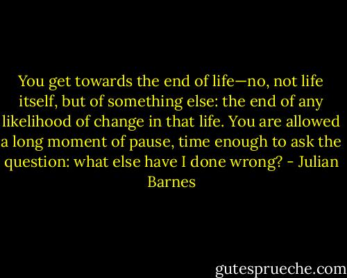 You get towards the end of life—no, not life itself, but of something else: the end of any likelihood of change in that life. You are allowed a long moment of pause, time enough to ask the question: what else have I done wrong? - Julian Barnes