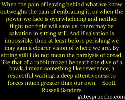 When the pain of leaving behind what we know outweighs the pain of embracing it, or when the power we face is overwhelming and neither flight nor fight will save us, there may be salvation in sitting still. And if salvation is impossible, then at least before perishing we may gain a clearer vision of where we are. By sitting still I do not mean the paralysis of dread, like that of a rabbit frozen beneath the dive of a hawk. I mean something like reverence, a respectful waiting, a deep attentiveness to forces much greater than our own. - Scott Russell Sanders
