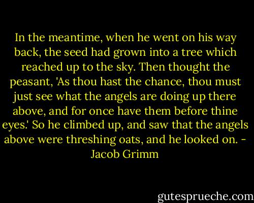 In the meantime, when he went on his way back, the seed had grown into a tree which reached up to the sky. Then thought the peasant, 'As thou hast the chance, thou must just see what the angels are doing up there above, and for once have them before thine eyes.' So he climbed up, and saw that the angels above were threshing oats, and he looked on. - Jacob Grimm
