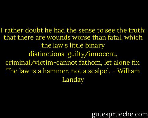 I rather doubt he had the sense to see the truth: that there are wounds worse than fatal, which the law's little binary distinctions-guilty/innocent, criminal/victim-cannot fathom, let alone fix. The law is a hammer, not a scalpel. - William Landay