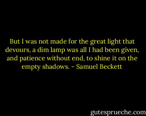 But I was not made for the great light that devours, a dim lamp was all I had been given, and patience without end, to shine it on the empty shadows. - Samuel Beckett
